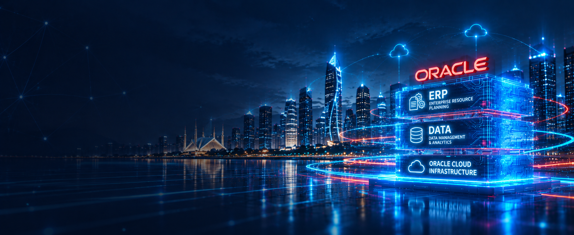 Oracle stack over a city skyline: ERP, Data Management & Analytics, Oracle Cloud Infrastructure